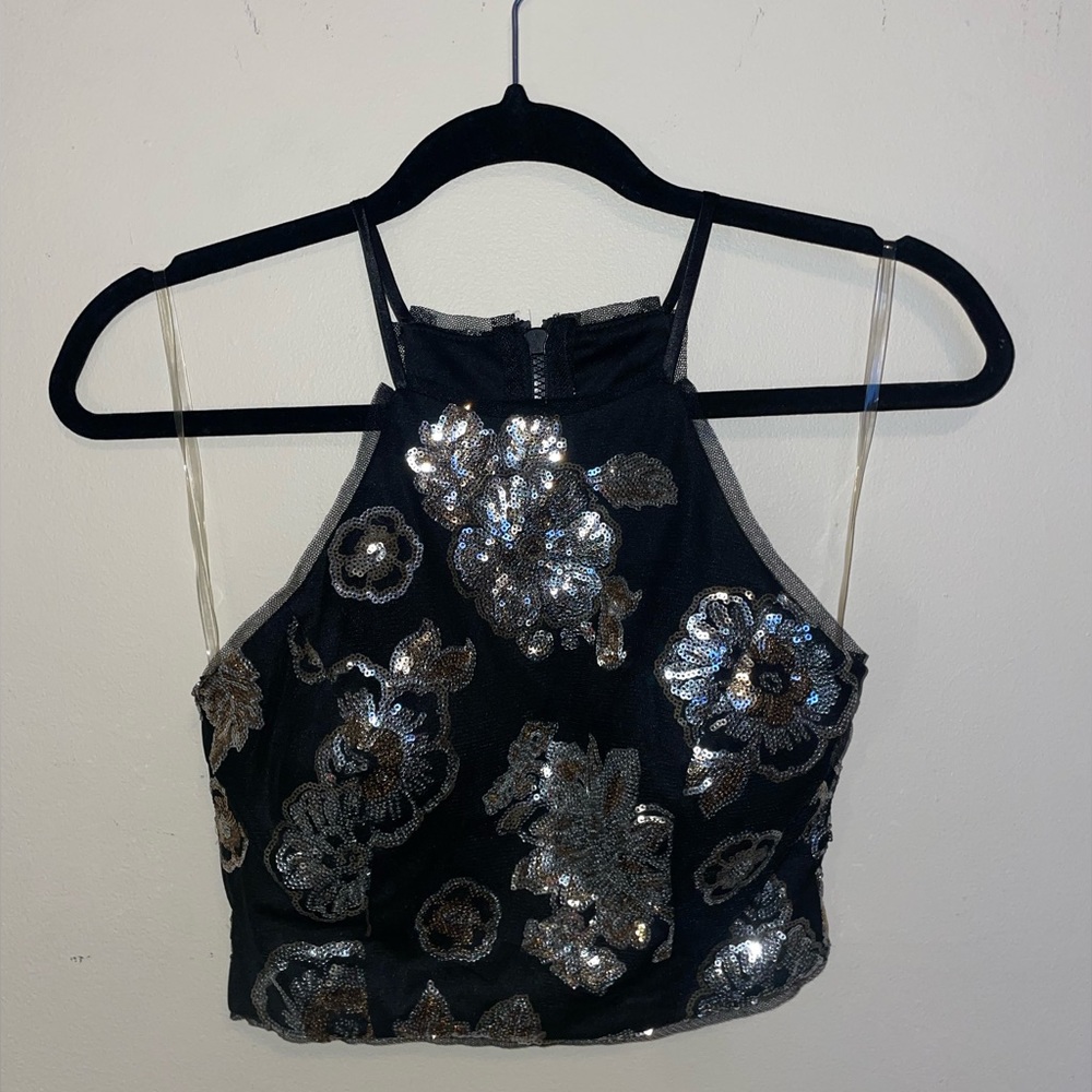 Black Sequin Crop Top with Gold & Silver Floral Details - Teeze Me